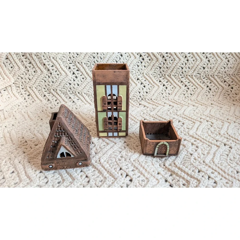 Vintage Lithuanian Handmade Clay Tower Tea Light‎ Candle Holder Village House